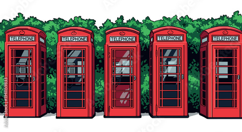 Pixel art red telephone booths in a row with greenery background