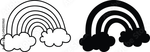 Rainbow and cloud icon set with outline and solid style. Simple weather symbols create playful elements for kids graphics, nursery  and creative design projects. Clean minimal illustration look.