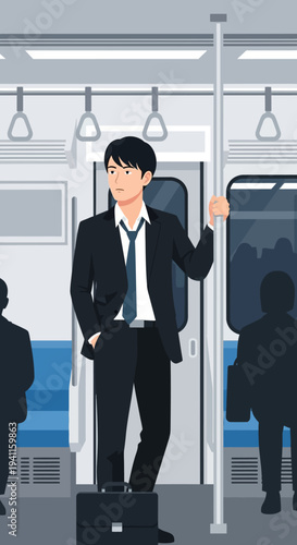 Businessman commuting on public transport, holding onto pole, looking thoughtful
