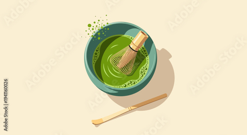 Matcha Tea Preparation: Whisking Green Powder in Bowl with Bamboo Chasen