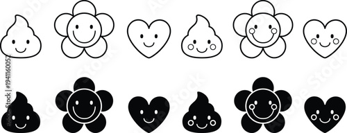 Cute doodle icon set with hearts flowers and drops. Playful hand drawn symbols create charming elements for stickers, kids design, and social media graphics. Simple minimal style adds friendly mood.