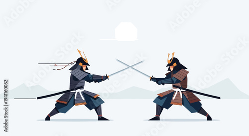 Samurai Warriors Duel with Swords in Traditional Armor, Japanese Culture