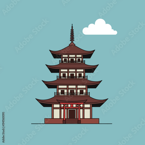 Traditional Japanese Pagoda Temple with Torii Gate and Cloud