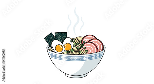 Steaming Bowl of Ramen Noodles with Pork, Egg, and Seaweed - Delicious Japanese Food Illustration