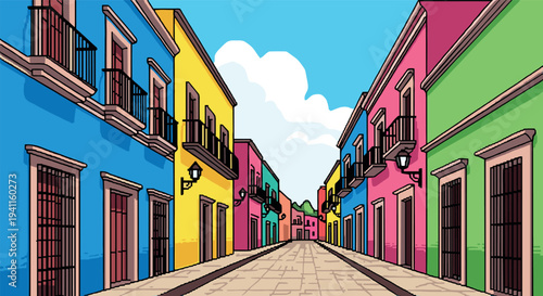 Colorful street with vibrant houses and clear sky in cartoon style
