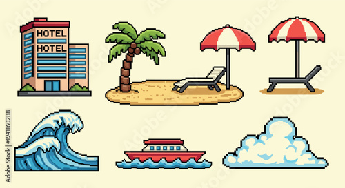Retro pixel art beach scene with hotel, palm tree, and waves