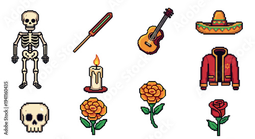 Colorful pixel art icons celebrating mexican traditions and day of the dead