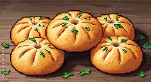 Retro pixel art dumplings on wooden table with fresh herbs