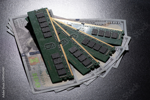 Server memory modules on US dollar bills. Workstation memory and DDR RAM cost. Memory upgrade concept with money. DDR server memory and expenses. Concept with RAM and cash.