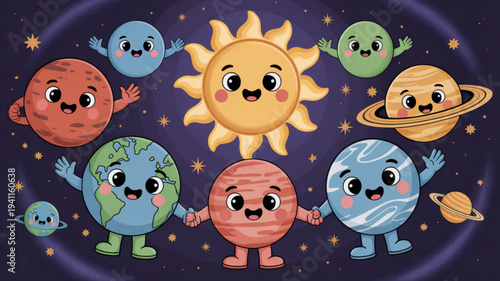 Cartoon planets and sun with smiling faces in space colorful characters holding hands in a circle around the sun with stars and galaxies in the background fun and educational