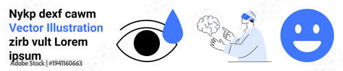 Health care, emotional wellness, vision protection, personal safety, medical treatment, technology. Eye with droplet, doctor in protective gear and smiling face icons. Health care and emotional