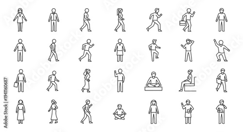 diverse line art people icons illustrating various everyday actions and poses perfect for user interface design and infographics.