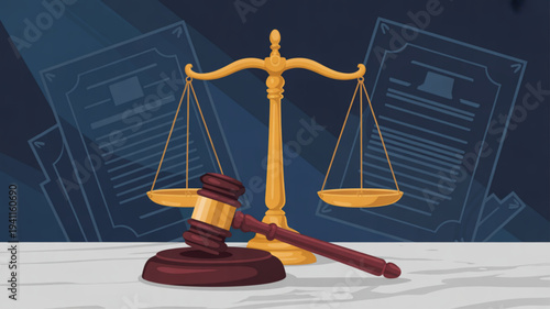 Law scale and gavel on desk in courtroom with documents background symbolizing justice and legal judgment