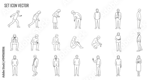 various outline people set icon vector in diverse poses and daily actions isolated for graphic design and architectural plans.