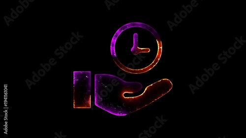 Neon glowing Business time management concept clock in helping hand yellow and pink color saber animation on black screen background
