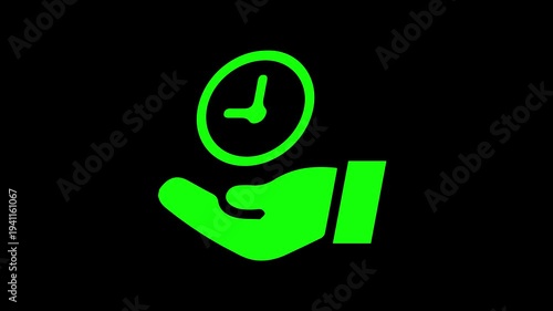 Business time management concept clock in helping hand animation on black screen background