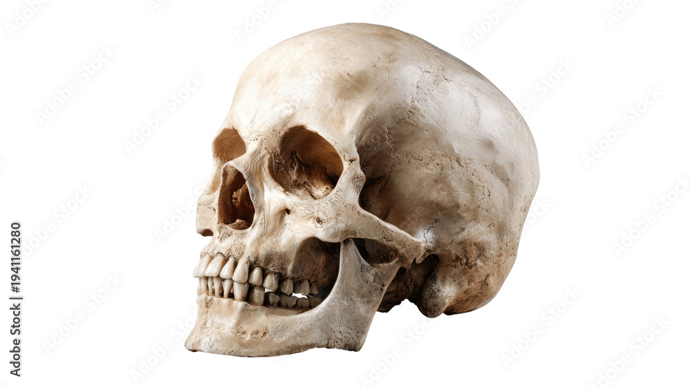 Fototapeta premium Human skull side view detailed anatomical bone structure with teeth cranium realistic medical anatomy study isolated on white background