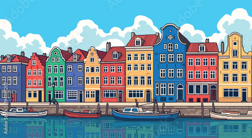 Colorful scandinavian waterfront buildings with boats against blue sky