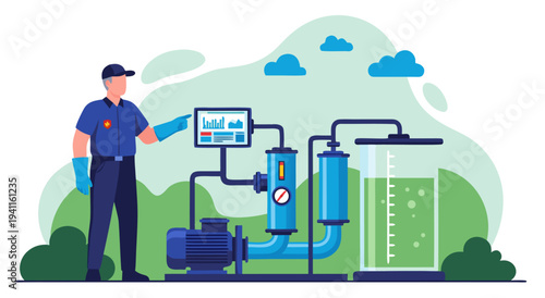 Industrial water treatment process illustration, vector, clean water production system, a skilled technician oversees equipment