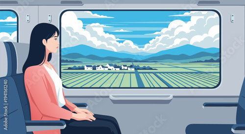 Vector illustration of a young woman looking out a train window at a scenic countryside landscape with clouds