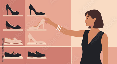 Elegant Vector Illustration of a Woman Choosing Stylish Shoes from a Display Shelf