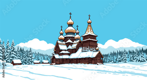 Snow-covered wooden church in winter landscape with blue sky and pine trees