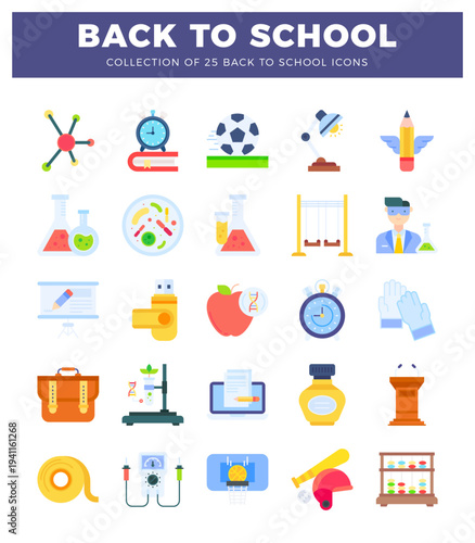 flat icons representing back to school and educational elements.