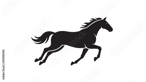 Running Horse Silhouette in Dynamic Motion with High Contrast Black and White for Equestrian Branding