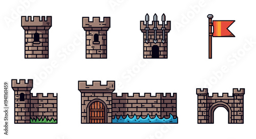 Medieval castle set with towers, brick walls, and flags in cartoon style