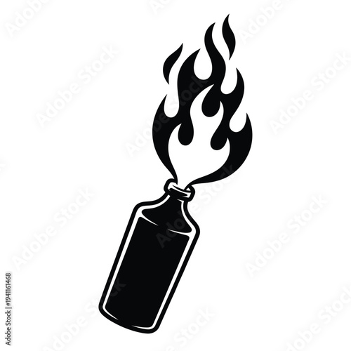 Black and white silhouette of a molotov cocktail with flames