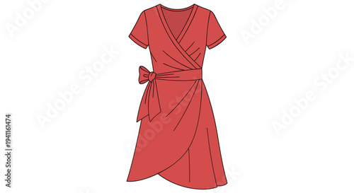 Vibrant red wrap dress with short sleeves and a V-neckline, featuring a side tie closure for a flattering and adjustable silhouette.