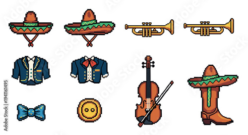 Colorful mexican themed pixel art icons with musical instruments and fashion elements