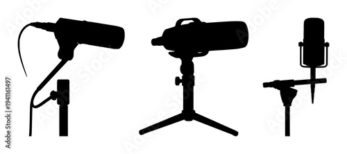 Broadcasting microphone set with a solid black silhouette design featuring professional audio equipment, media production, and sound recording with a desktop stand and white background