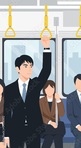 Commuter in suit holding handrail on crowded subway train during commute