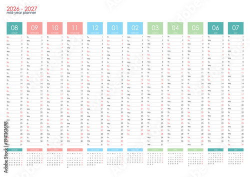 Foto Mid year wall planner calendar template for 2026 and 2027 with copy space