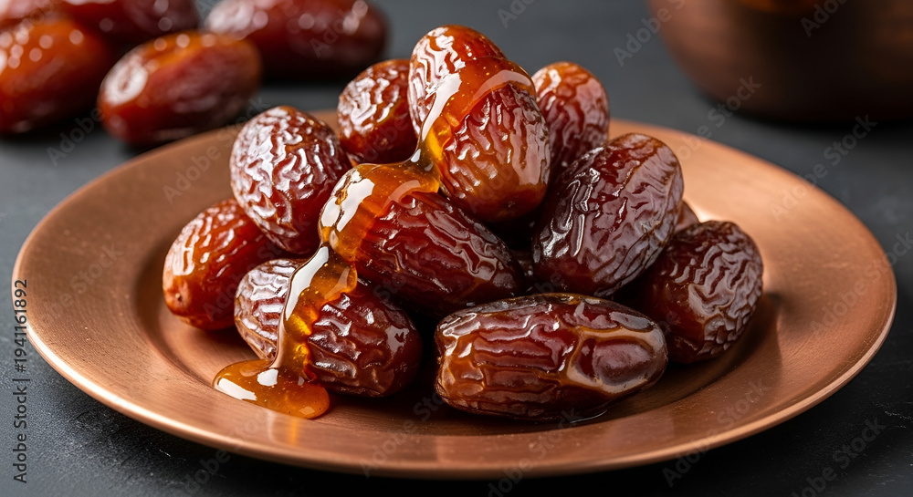 Obraz premium Delicious dates with honey syrup on a rustic copper plate - healthy dessert and snack