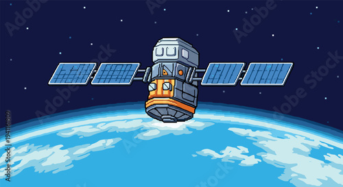 Pixel art satellite orbiting earth in space with starry background