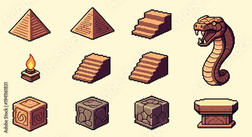 Pixel art ancient pyramids and snake head in retro gaming style