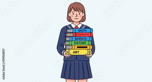 Student Girl Holding Stack of School Books, Education Concept