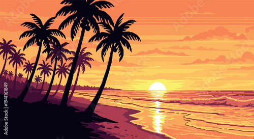 Retro pixel art tropical sunset with palm trees on beach shoreline