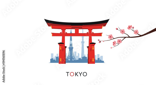 Tokyo Skyline with Torii Gate and Cherry Blossoms - Iconic Japanese Landmark