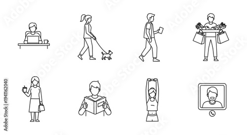 simple line art people icons depicting diverse daily life activities from work and leisure to social connections