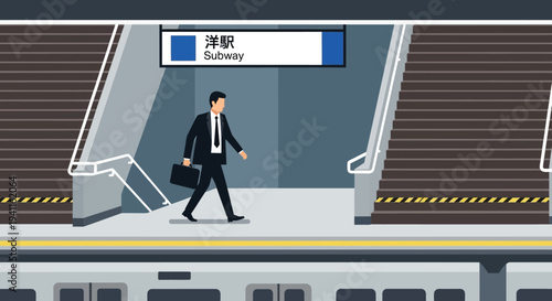 Businessman walking on subway platform in Tokyo, Japan