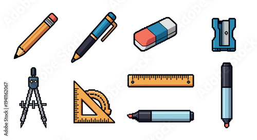 Colorful pixel art school supplies set for creative projects and education