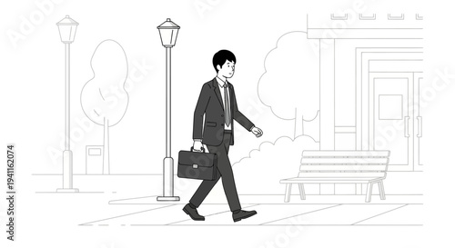 Businessman walking with briefcase on sidewalk, urban street scene, professional attire