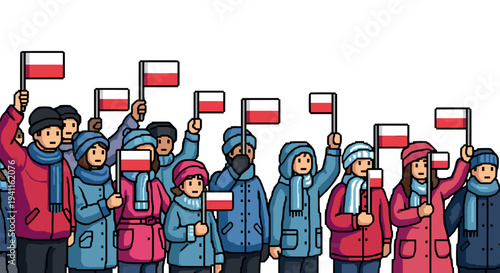 Crowd holding flags in winter clothing with pixel art style