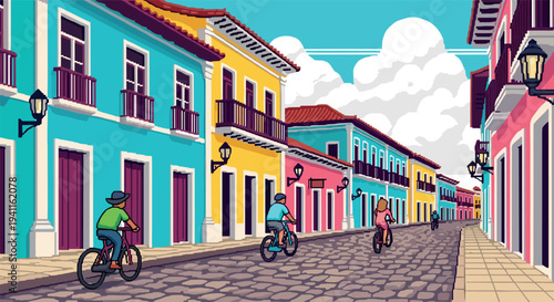 Vibrant colorful cityscape with cyclists on a cobblestone street under a blue sky