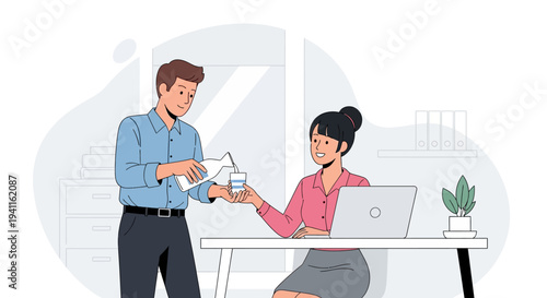 Colleague Offers Water to Coworker at Office Desk, Teamwork and Support