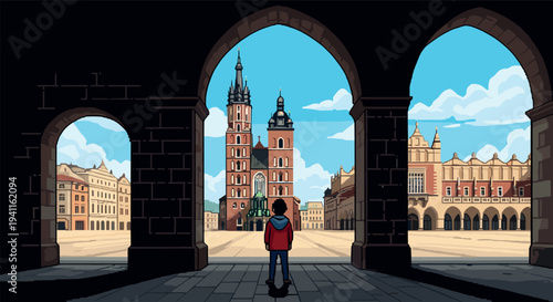 Traveler in pixel art cityscape with iconic historical architecture