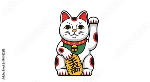 Lucky Cat Maneki Neko Waving Paw for Good Fortune, Japanese Culture Icon